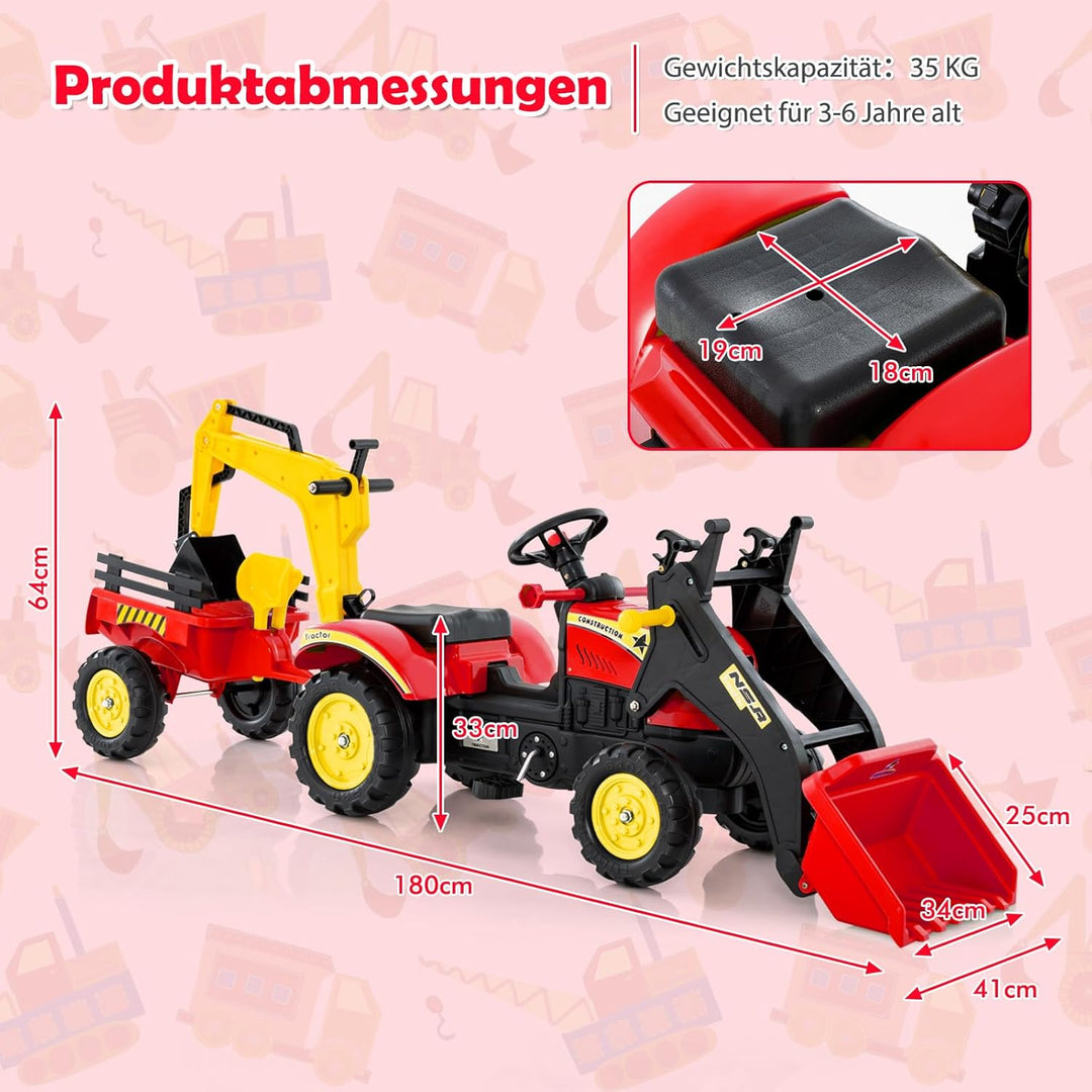 DREAMADE Trettraktor, Kindertraktor mit Anhänger &amp; Schaufel &amp; Frontlader, Kinderbagger Sitzbagger mi
