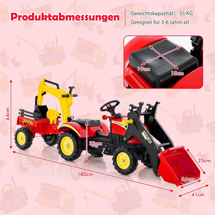 DREAMADE Trettraktor, Kindertraktor mit Anhänger &amp; Schaufel &amp; Frontlader, Kinderbagger Sitzbagger mi