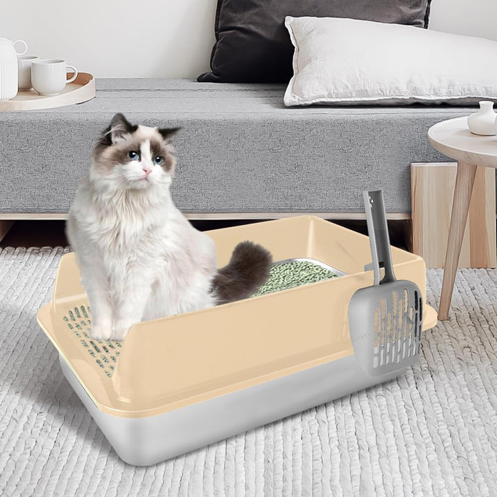 Katzentoilette aus Edelstahl mit hohen Seiten, Schaufel, einfache Reinigung, geruchsbeständig, geeig