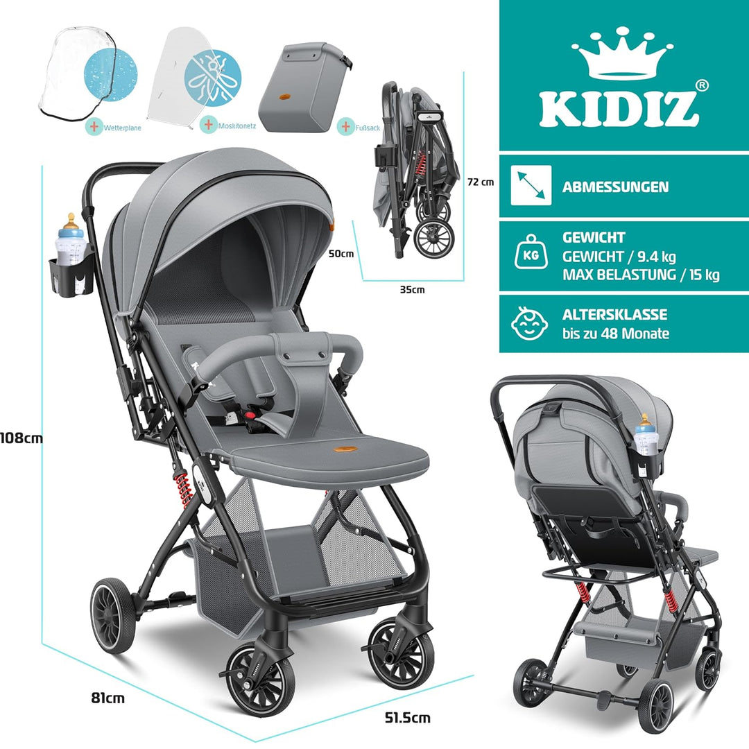 KIDIZ® Kinderwagen Kinderbuggy klappbar Liegebuggy Sportwagen Faltbar 360° Räder 5-Punkt Gurt Inkl.