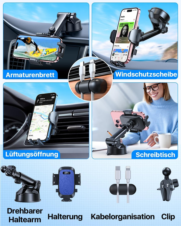 HTU 2026【Militär-Klasse】 Handyhalterung Auto【Stärkste Saugnapf & Lüftung】 4 in 1 Handy Halterung Aut