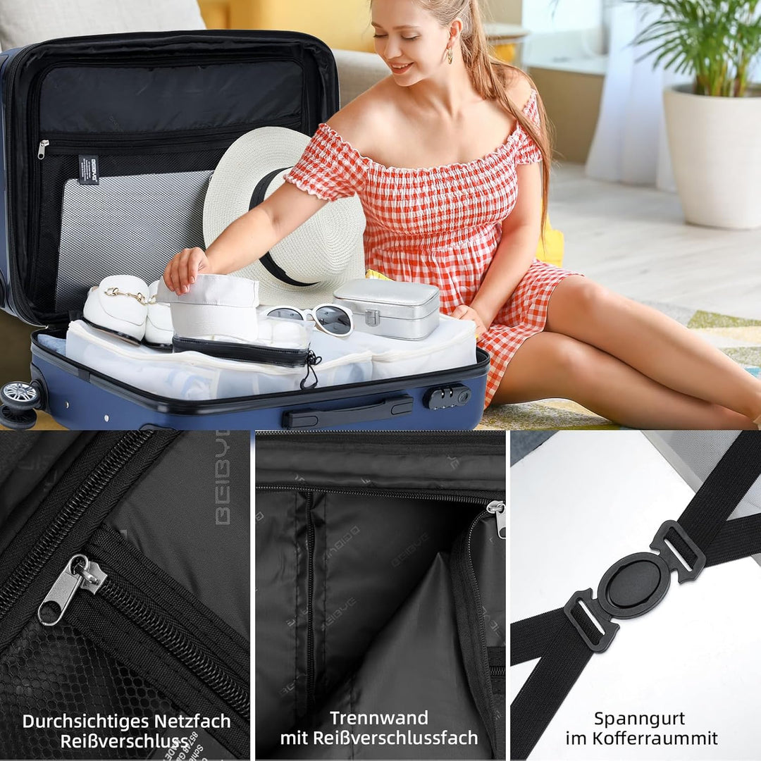 BEIBYE Zwillingsrollen 2066 Hartschale Trolley Koffer Reisekoffer Gepäck M-L-XL-Set (Dunkelblau, M)