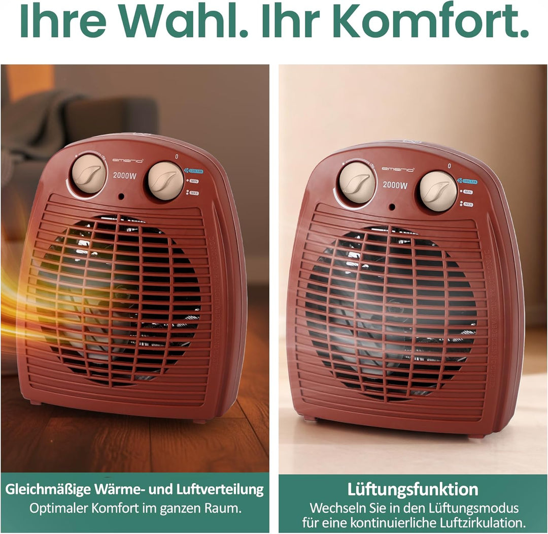 EMERIO Heizlüfter 2000W | klein leicht kompakt portabel | für ca. 25m² | 2 Heizleistungen + Ventilat