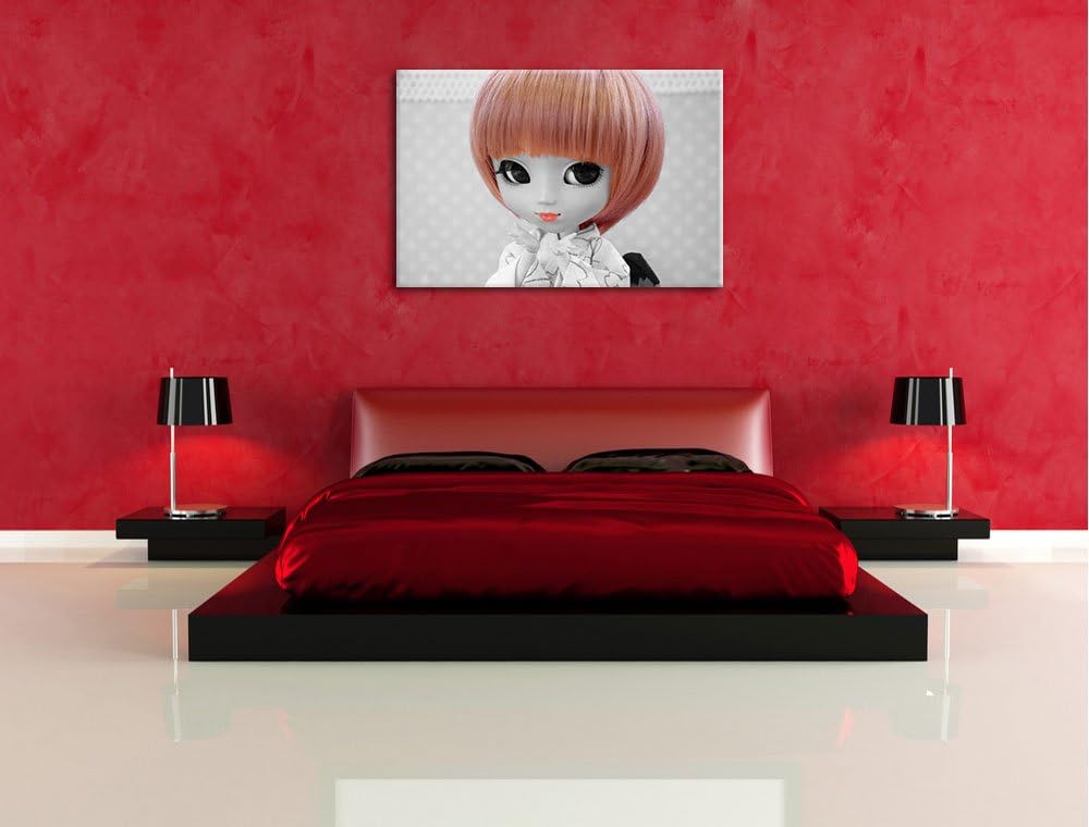 hübsche Puppe im traditionellen Kimono schwarz/weiss auf Leinwand, XXL riesige Bilder fertig gerahmt