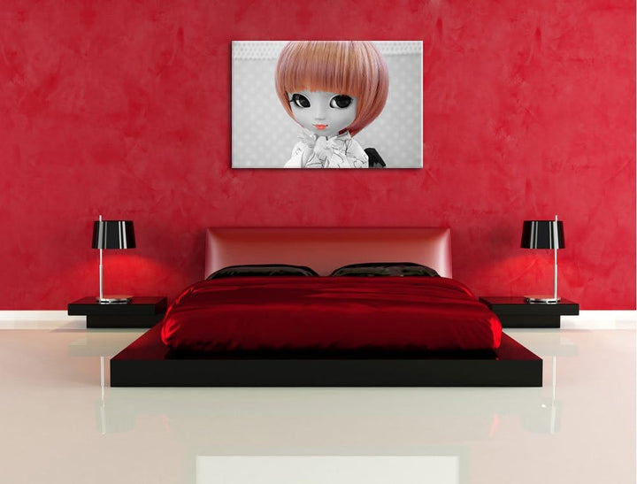 hübsche Puppe im traditionellen Kimono schwarz/weiss auf Leinwand, XXL riesige Bilder fertig gerahmt