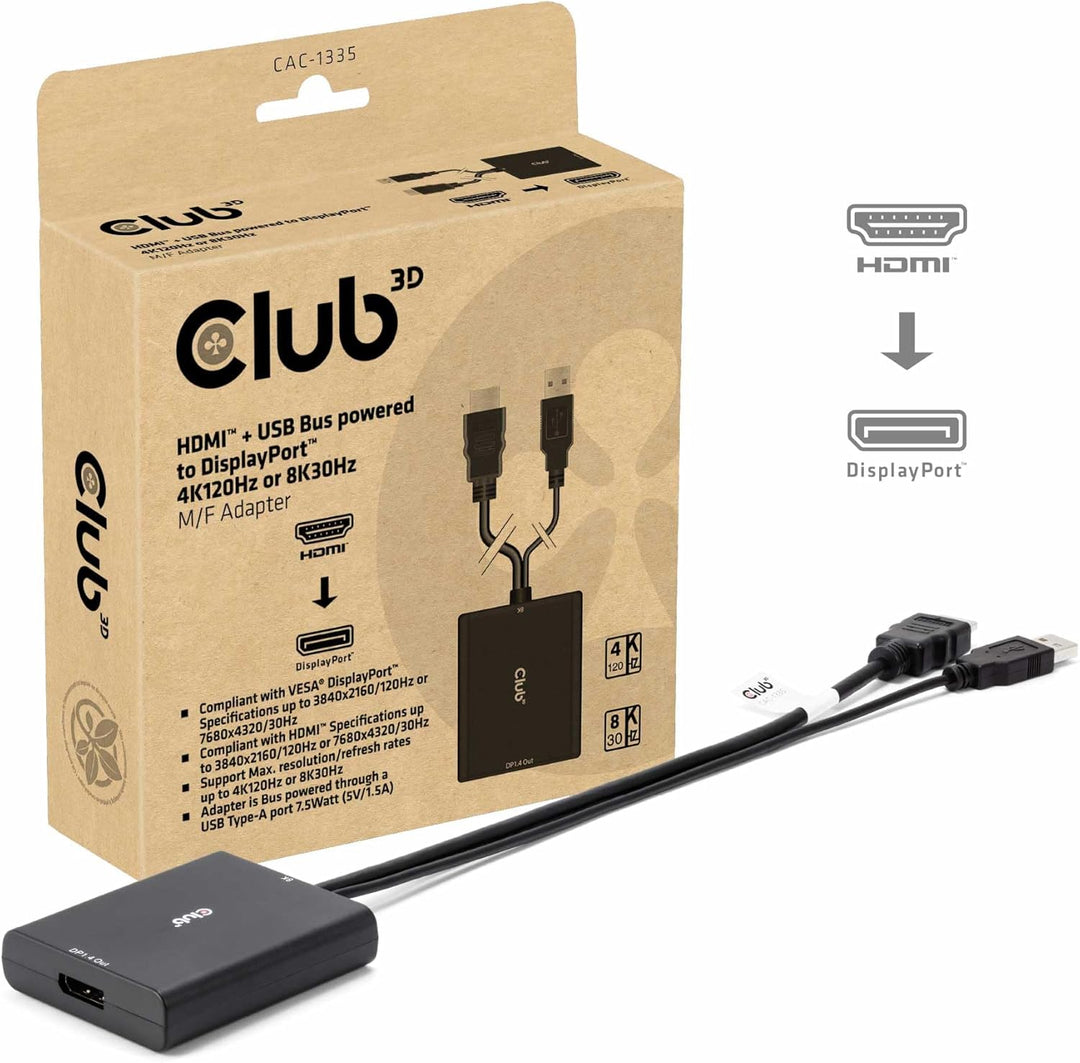 Club 3D CAC-1335 HDMI+ Micro USB auf DisplayPort 4K120Hz oder 8K30Hz St/B Aktiver Adapter, CAC-1335
