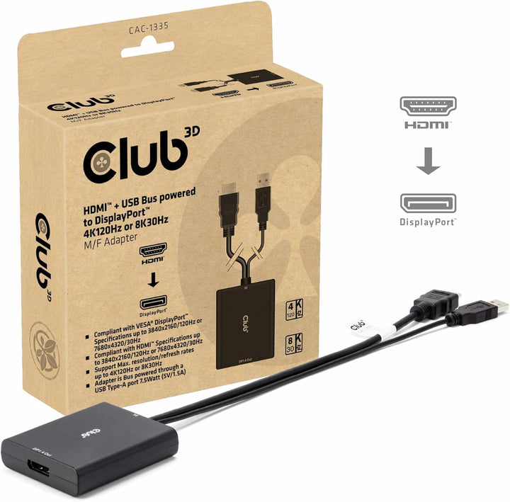Club 3D CAC-1335 HDMI+ Micro USB auf DisplayPort 4K120Hz oder 8K30Hz St/B Aktiver Adapter, CAC-1335