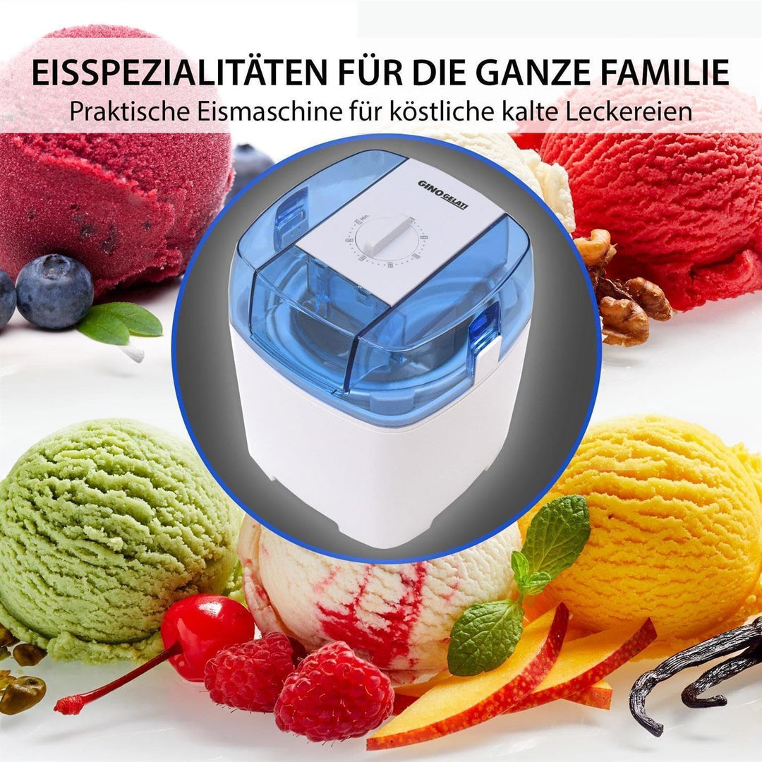 Gino Gelati Eiscreme Maschine Drions/Eismaschine Speiseeismaschine Eisbereiter, Weiss/Blau, Edelstah