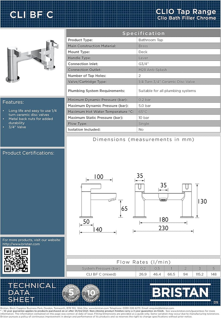 Bristan Waschbeckenarmatur, Messing, chrome, Bath Filler, Bath Filler