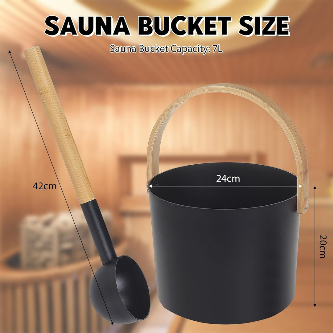 Saunakübel Set, 7L Aluminium Sauna Eimer mit Sanduhr, Saunaschale, Saunakelle, Thermo & Hygrometer,