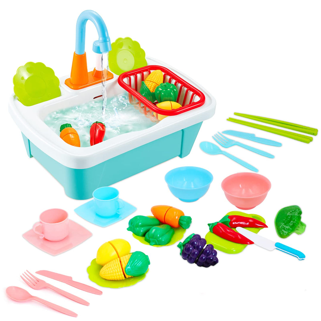 deAO Kinderwaschbecken mit echtem Wasser – Spielküche mit Spüle und Zubehör, Lernspielzeug für Kinde