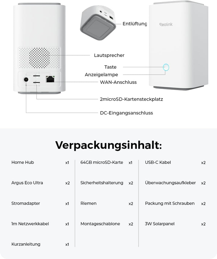 Reolink 4K Solar Überwachungskamera Set Aussen Akku mit Home Hub, Farbnachtsicht, 2.4/5GHz WLAN, Zen