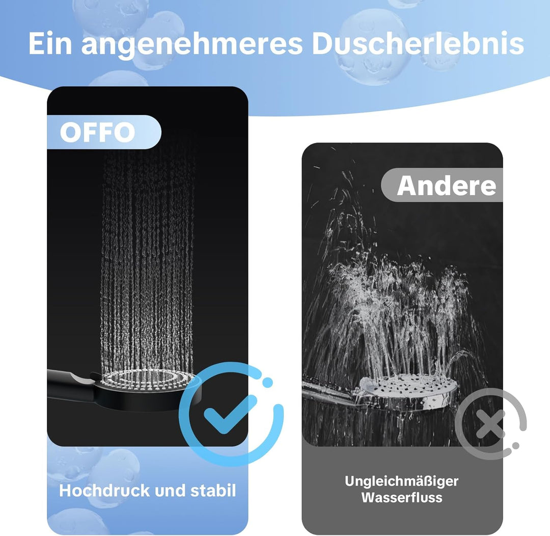 OFFO Duschkopf mit Schlauch und Halterung, 100 mm Duschbrause mit 6 Strahlarten, Handbrausen Wassers