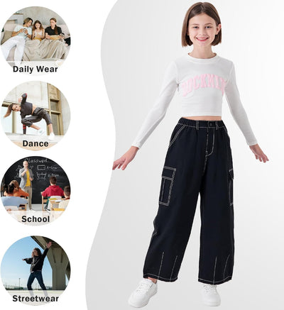 Rolanko Mädchen Cargohose, Baumwoll Baggy Hose mit Elastischer Taille und Mehreren Taschen für Kinde