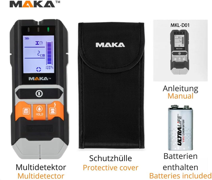 MAKA 5-in-1 Leitungsdetektor und Feuchtigkeitsmesser - Multifunktionaler Wandscanner-Detektor für Ho