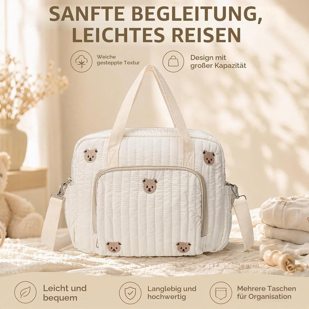 Wickeltasche Baby Grosse Muttertasche aus Baumwolle mit Stickerei, Gesteppte Wickeltasche Damen mit