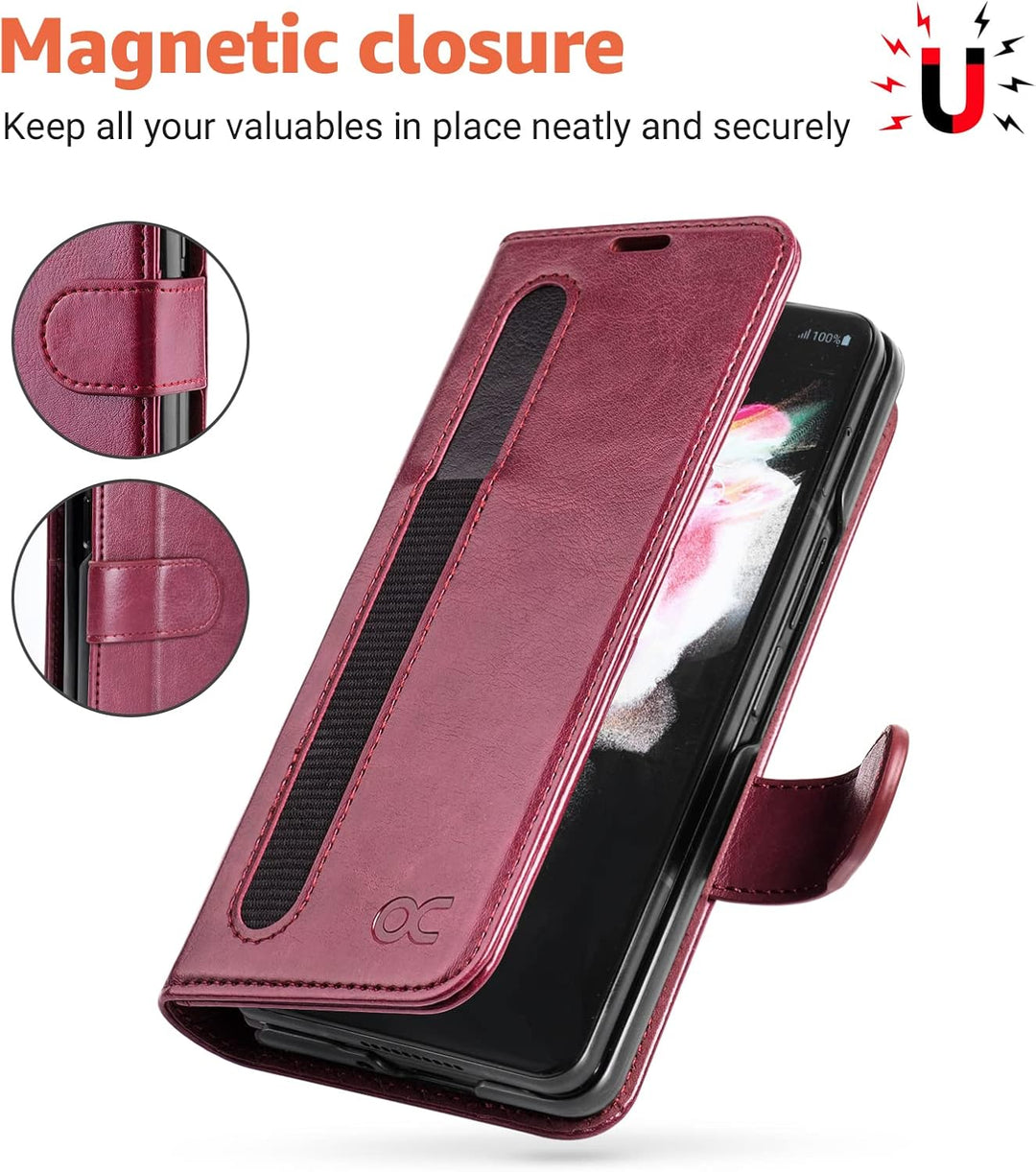 OCASE Hülle Samsung Galaxy Z Fold 3 5G Handyhülle mit S Pen Halter [Premium PU Leder] [Kartenfach] C