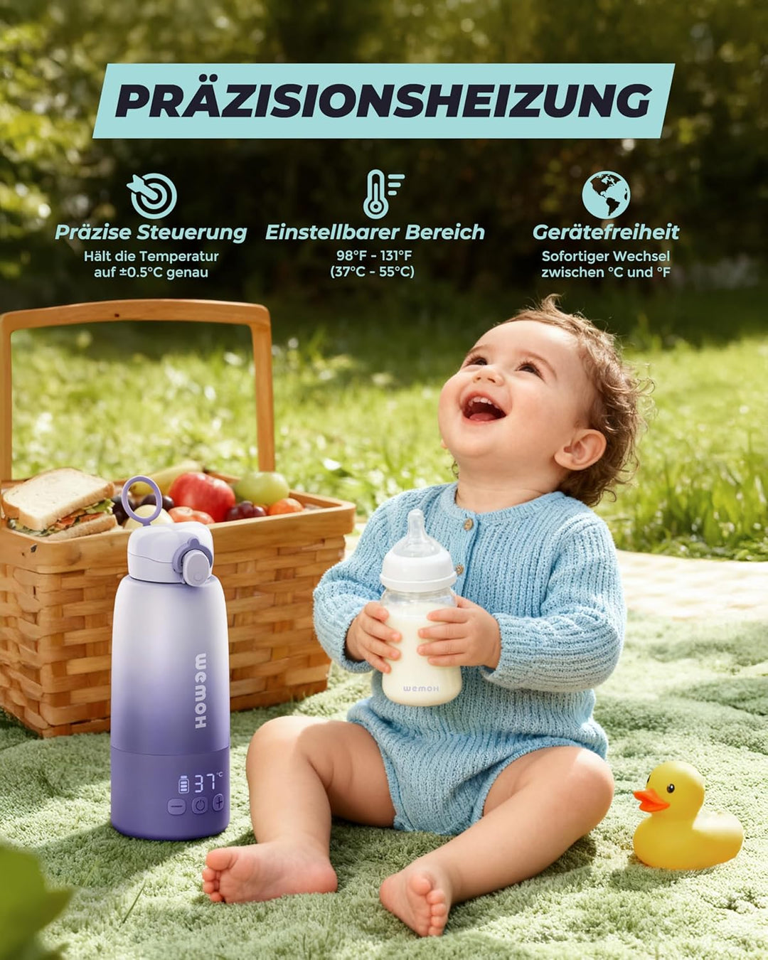Tragbarer Flaschenwärmer Baby unterwegs mit Selbstreinigungsfunktion, 100W Schnellaufwärmung für Mut