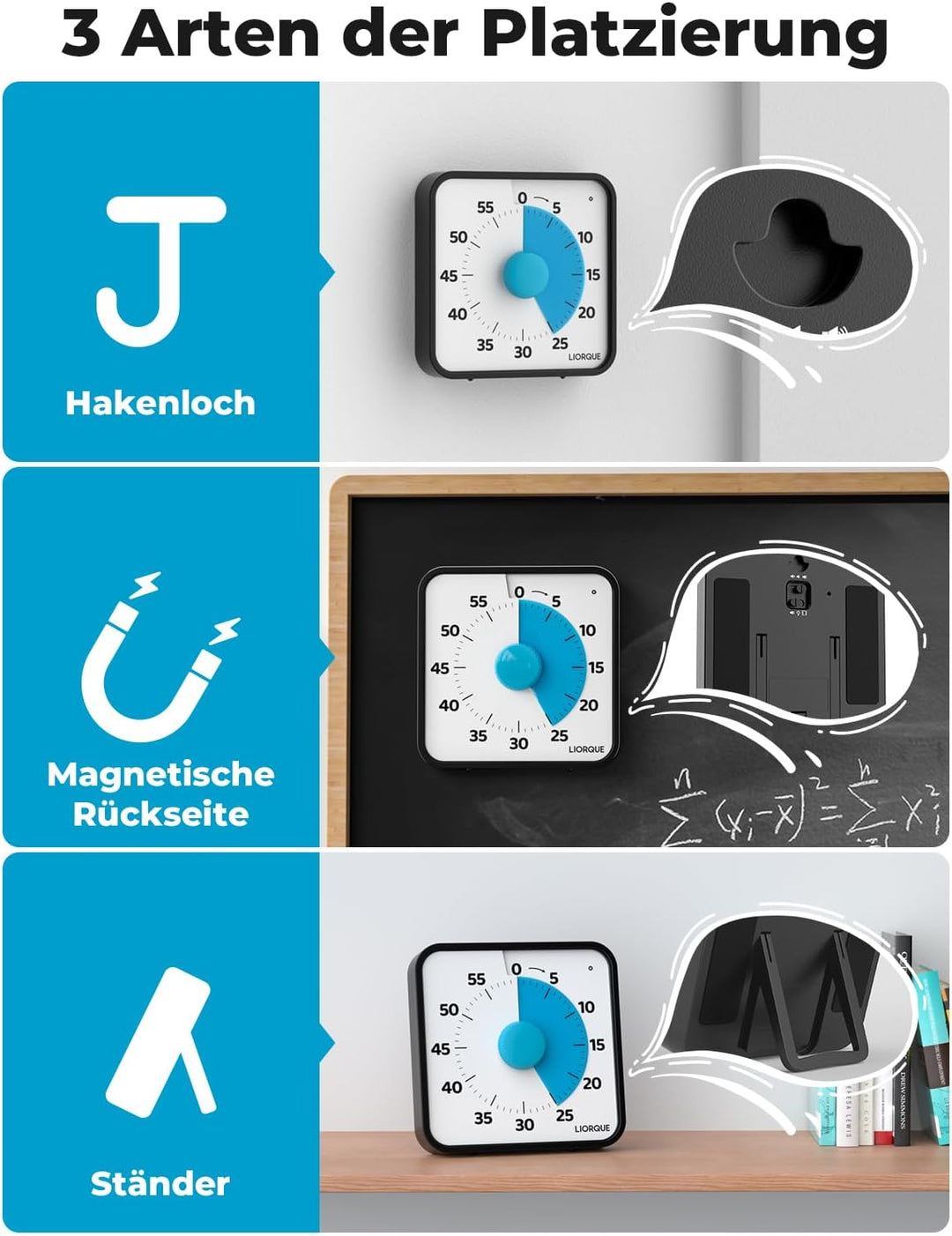 LIORQUE 19cm Visueller Timer 60 Minuten Countdown Timer XL Dunkelblau, XL Dunkelblau