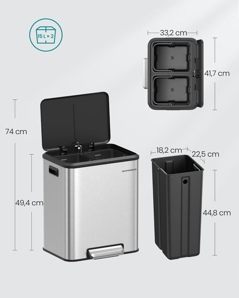 SONGMICS Mülleimer Küche, Mülltrennsystem 2 x 15 L, 2 Fächer für Recycling und Restmüll, Abfalleimer