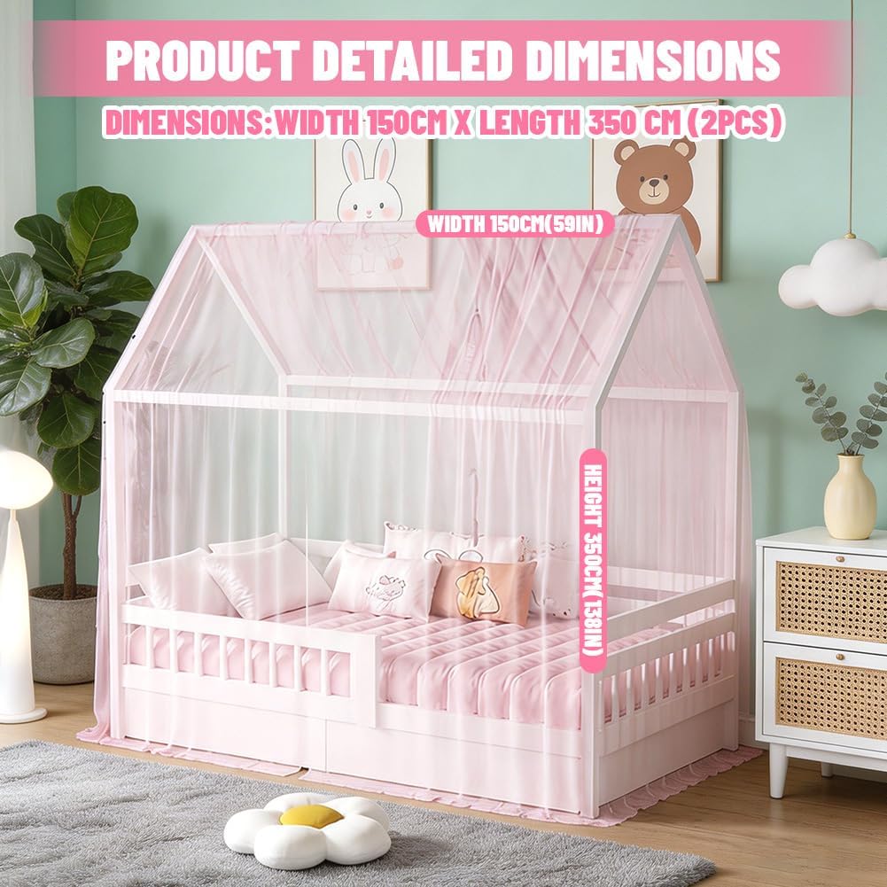 Hausbett Himmel Set, 2 Stück Hausbett Himmel für Kinderbett, 150 x 350 cm, Leichte Atmungsaktive Sto