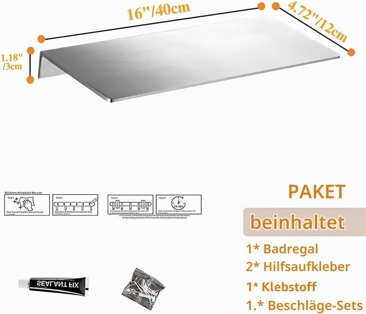 40CM Duschablage Ohne Bohren SUS304 Edelstahl Badablage Gebürstet Selbstklebende für Badezimmer Schl