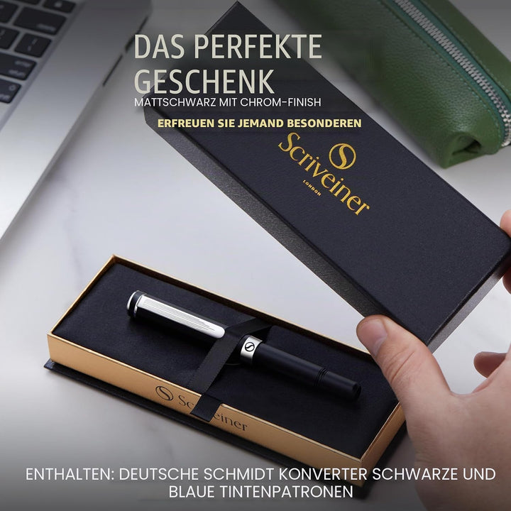 Scriveiner Luxus EDC Füllfederhalter (Mittel), Taschenfüller mattschwarz, verchromt, deutsche Schmid