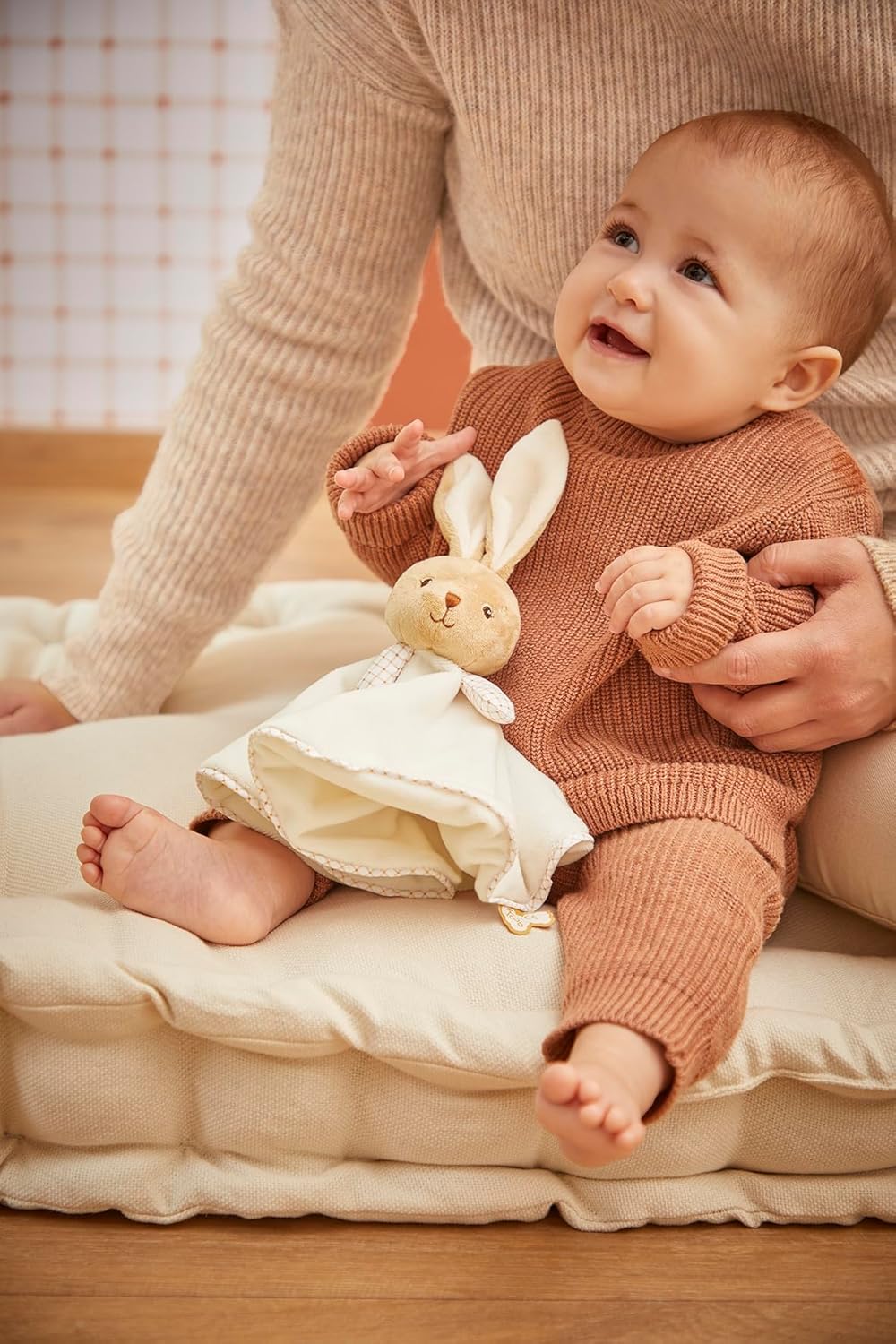 KALOO - Rundes Schmusetuch in Hasenform - Creme - Vichy-Stil - Grösse 24 cm - Weiches und Flauschige