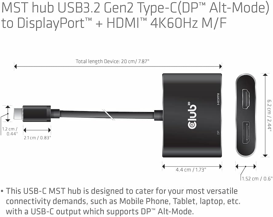 Club 3D MST Hub USB3.2 Gen2 Typ-C(DP™ Alt-Mode) auf DisplayPort™ + HDMI™ 4K60Hz St./B. CSV-1552, CSV