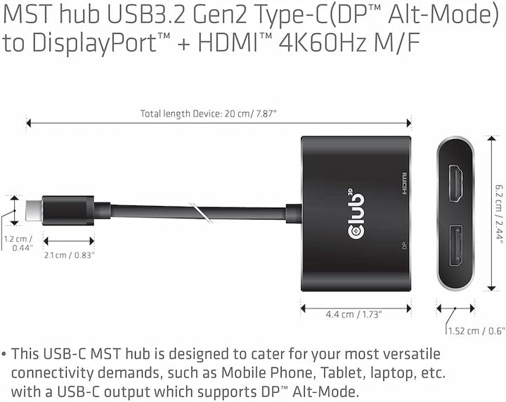 Club 3D MST Hub USB3.2 Gen2 Typ-C(DP™ Alt-Mode) auf DisplayPort™ + HDMI™ 4K60Hz St./B. CSV-1552, CSV