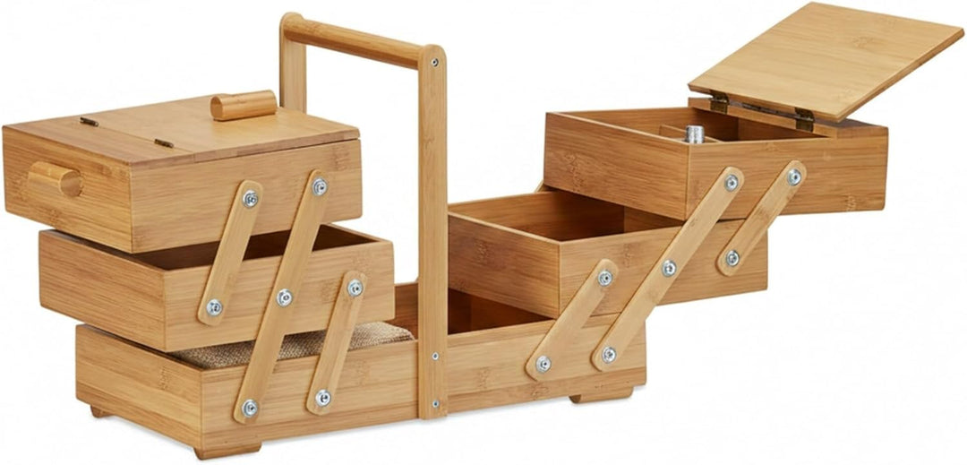 Relaxdays Nähkästchen Bambus XXL, viele Fächer, Nähkasten aufklappbar, Nähkorb ohne Inhalt, HBT 30 x