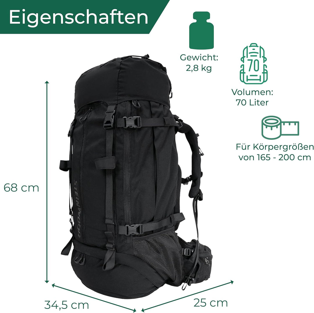 Steinwood Trekkingrucksack 70L (neu 2024), Wanderrucksack, Backpacker-Rucksack, Reiserucksack, wasse