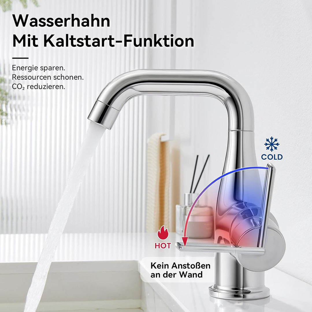 CECIPA Waschtischarmatur mit Kaltstartfunktion für Aufsatzwaschbecken Chrom, Chrom