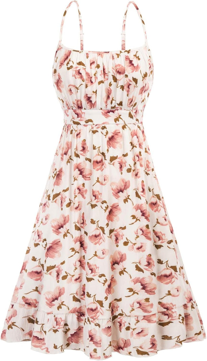 GRACE KARIN Damen Sexy Spaghetti Straps Kleid A-Linie ärmellos rückenfrei Casual Midikleid Blumenmus