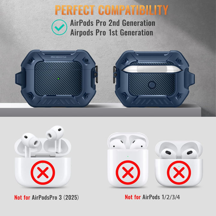 MOBOSI Schutzhülle für AirPods Pro 2. / 1. Generation, Secure Lock Clip Kohlefaser-Schutzhülle mit S