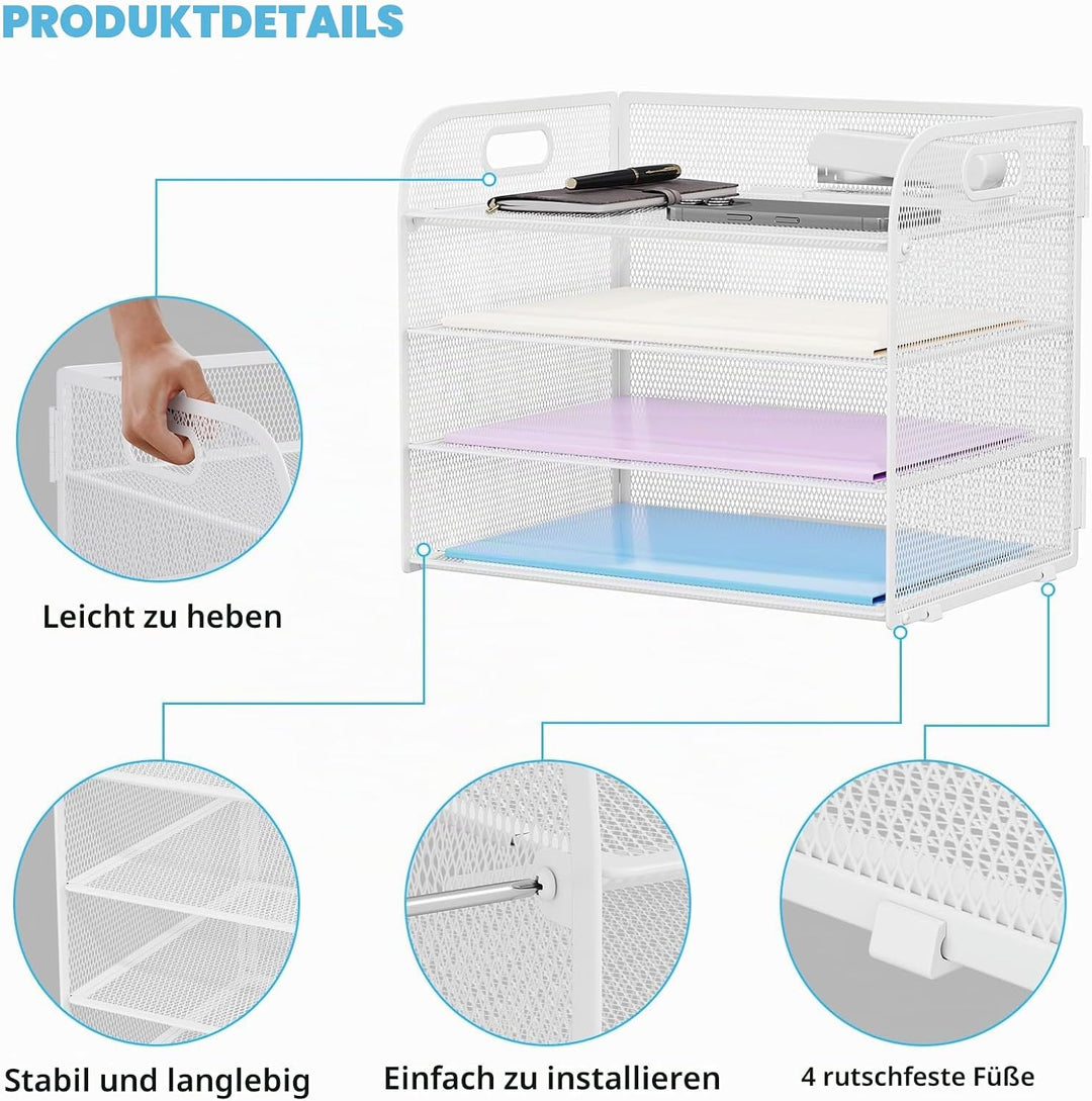 Marbrasse Schreibtisch Ablagen Organizer,4-Stufige Brief Papier Ablage mit Griff,Metall Gitter Desig
