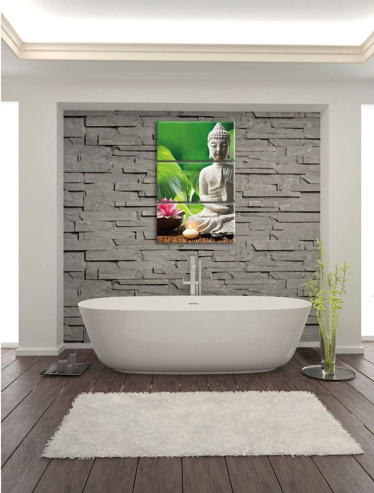 Pixxprint Seerose Buddha Statue als Leinwandbild/Grösse: 3 Teilig (120x80 cm) cm/Wandbild/Kunstdruck