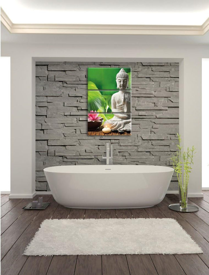 Pixxprint Seerose Buddha Statue als Leinwandbild/Grösse: 3 Teilig (120x80 cm) cm/Wandbild/Kunstdruck