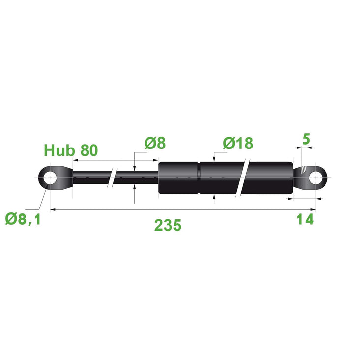 Gasdruckfeder 8/18 8,1 Hub=80 L=235 mm 400N(0079)