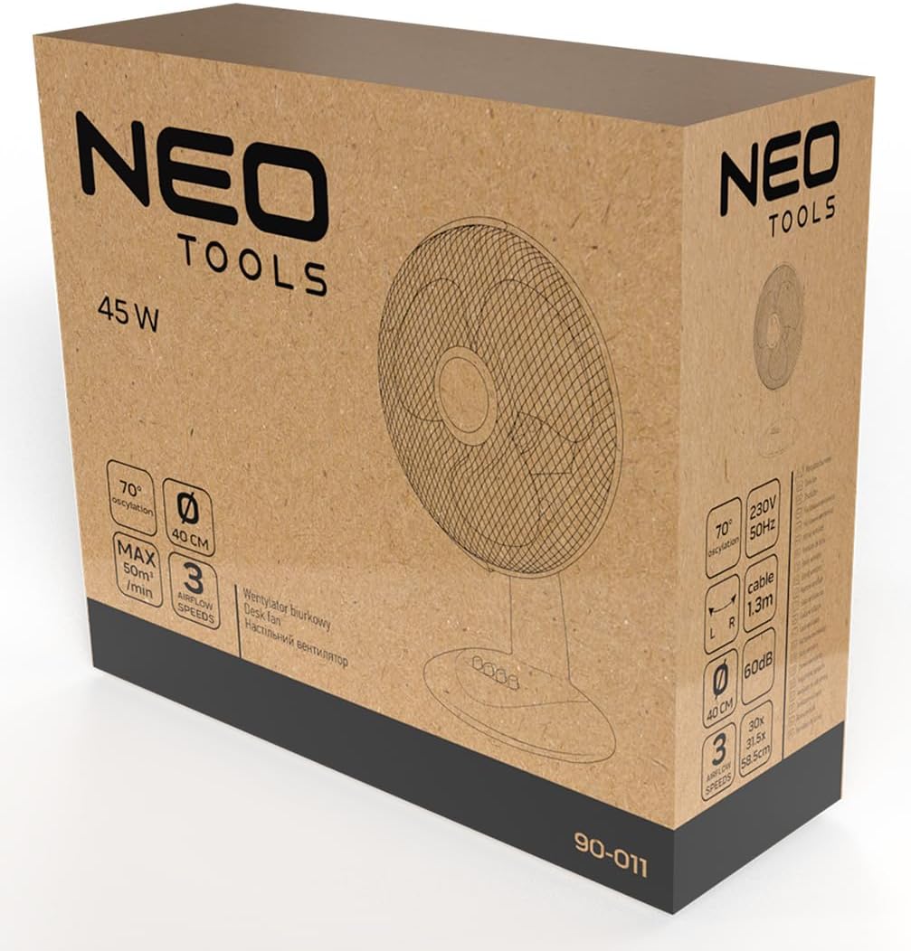 NEO TOOLS Tischventilator 45W - 70° Oszillation, 3 Geschwindigkeiten, 50 m³/min Luftstrom, Leiser Be
