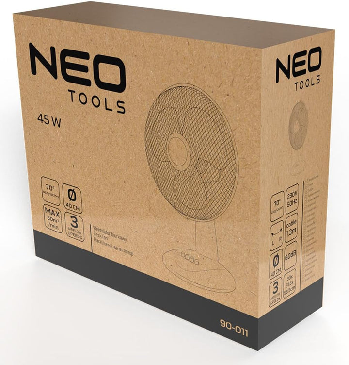 NEO TOOLS Tischventilator 45W - 70° Oszillation, 3 Geschwindigkeiten, 50 m³/min Luftstrom, Leiser Be