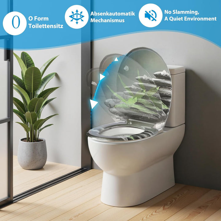 Duroplast-Toilettensitz, O-förmiger Toilettendeckel mit Soft-Close-Mechanismus, Edelstahlscharnier,