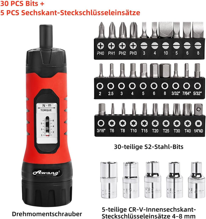 Awang Drehmoment-Schraubendreher 1-6NM Drehmomentschlüssel 36tlg.für Fahrrad Reparatur mit Bithalter