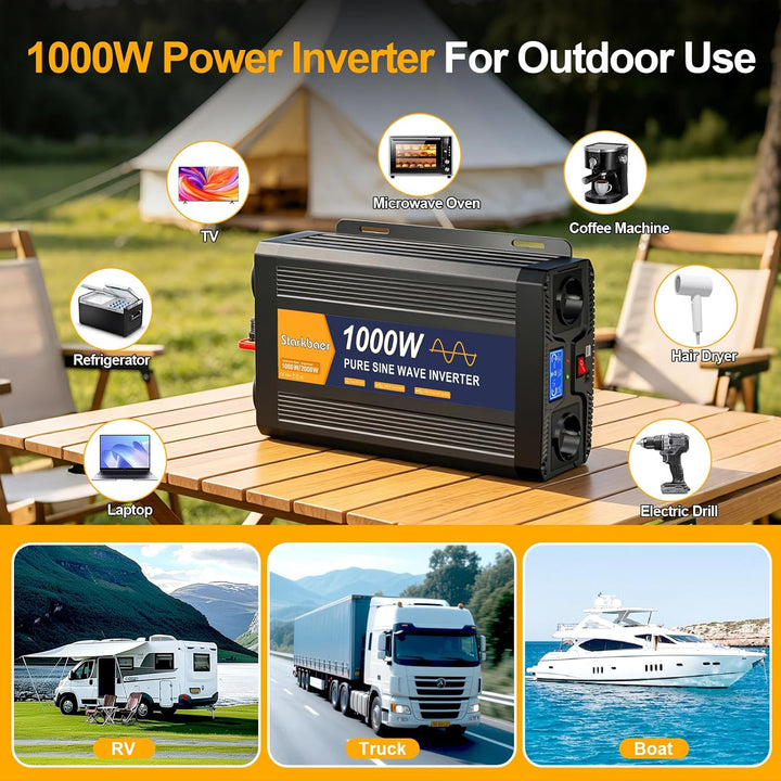 1000W Wechselrichter 12v auf 230v Reiner Sinus Spannungswandler Power Inverter KFZ Konverter mit LCD