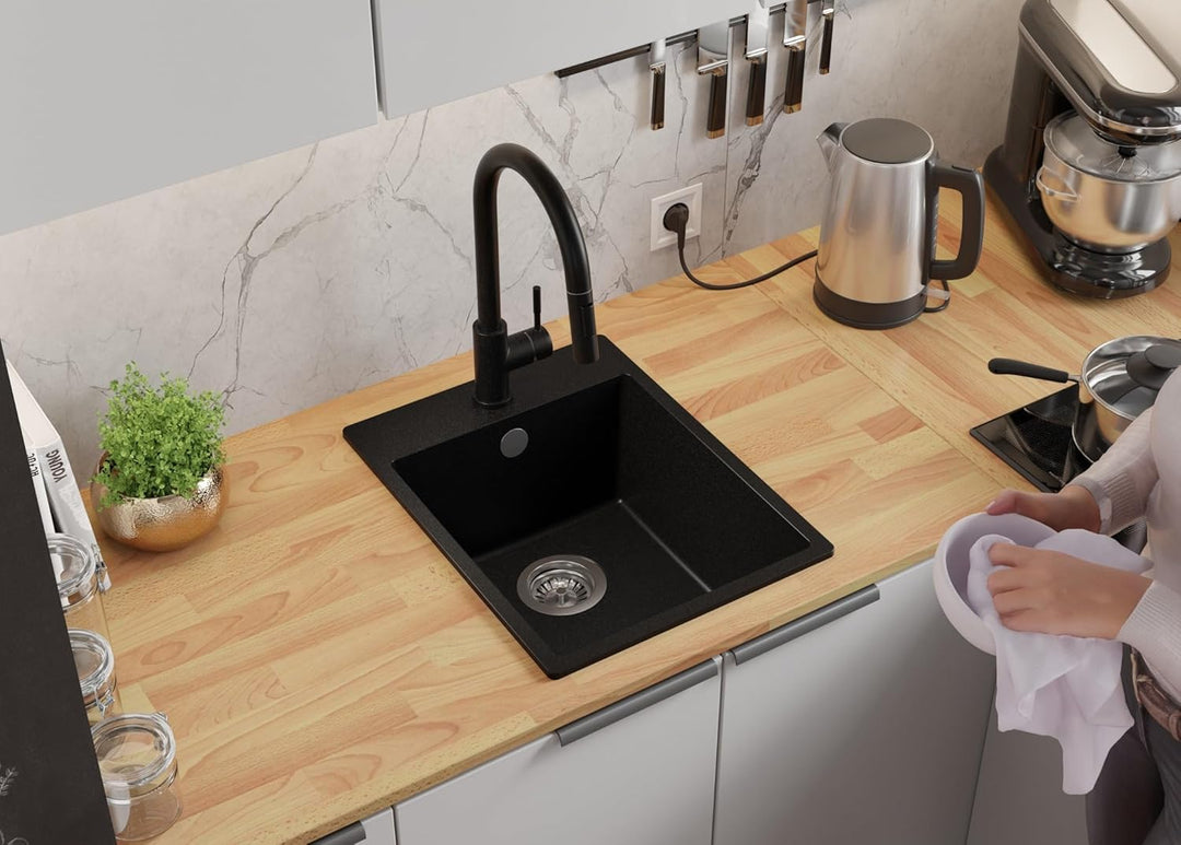 PRIMAGRAN Granitspüle Schwarz 38x50cm, Spülbecken 1 Becken + Küchenarmatur 32x20cm + Ablauf-Set, Küc