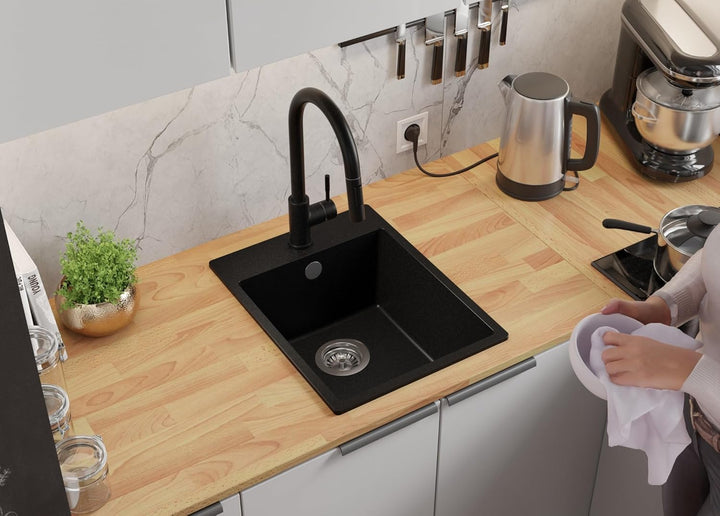 PRIMAGRAN Spülbecken Schwarz 38x50cm, Granitspüle 1 Becken + Ablauf-Set + Schneidebrett, Küchenspüle