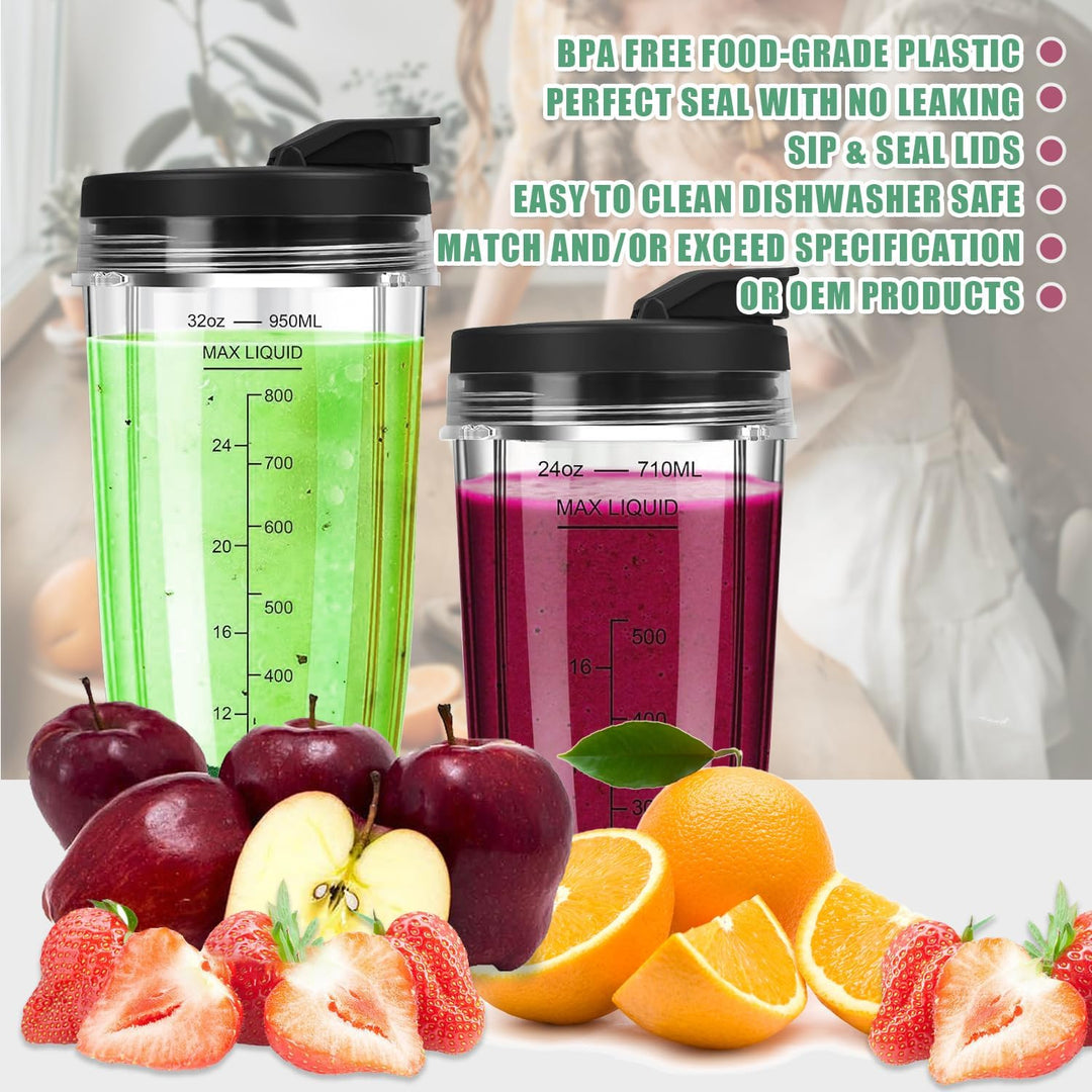 Blender Cups & Blattersatz für Ninja - 2 Pack 710 ml Cups mit 7 Flossen Blatt Ersatzteilen & Bürsten