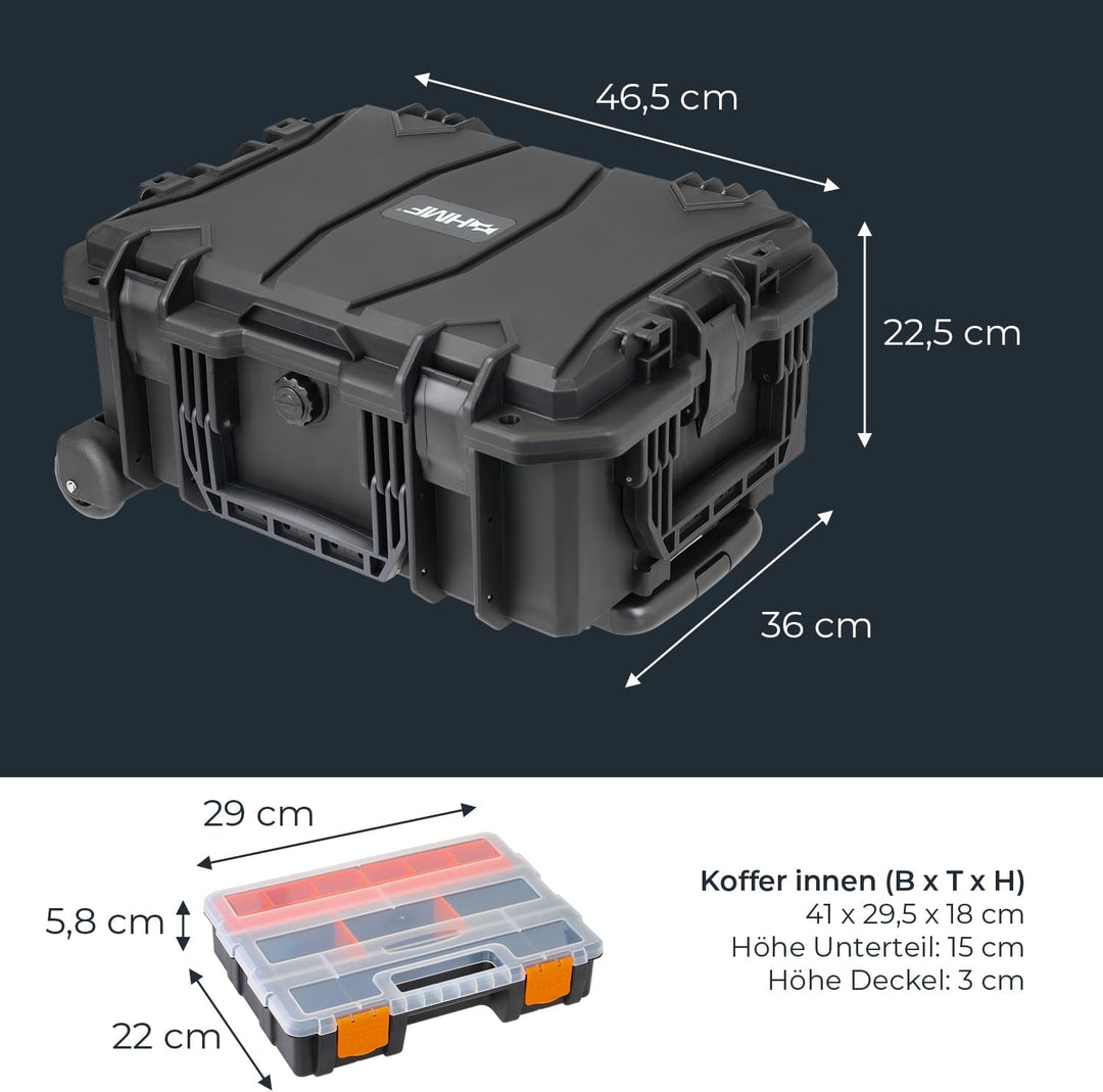 HMF 15604-02 Outdoor Werkzeugtrolley, Werkzeugkoffer leer mit Rollen | 46,5 x 36 x 22,5 cm, Trolley