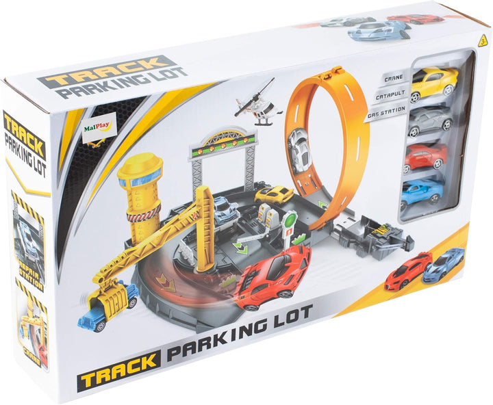 MalPlay Trackset Parkhaus für Kinder mit 4 Spielzeugautos | Rennbahn mit Looping Tracks | ab 3 Jahre