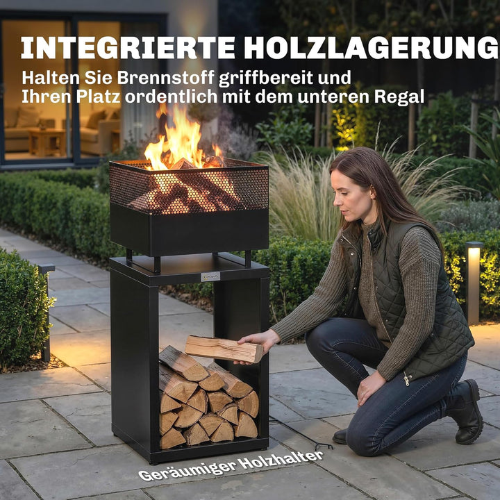 Outsunny Feuerschale 39 x 39 x 87 cm Feuerstelle mit Holzlager Kohlegitter verstellbaren Füssen, Feu